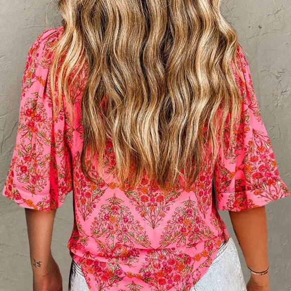 Pink Boho Women's Floral Printed Short Sleeved Shirt - Picture 2 of 3